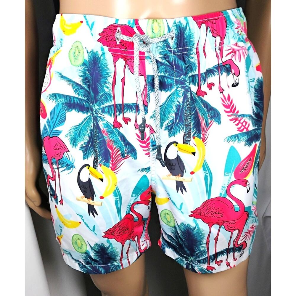 Mens Tropical Flamingo Palm Tree Swim Trunks Drawstring Mesh Liner Resortwear M